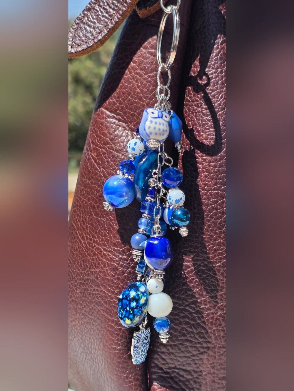 Blue Beaded Bag Charm with Owl Charms Chunky Agate & Ceramic Bead Purse Keychain